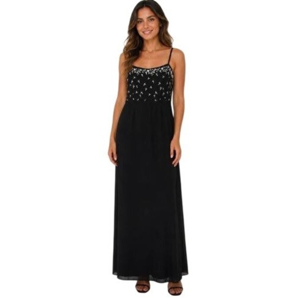 Black Emboridered Maxi Dress Womens L Floral Formal Goth Evening Cocktail Formal